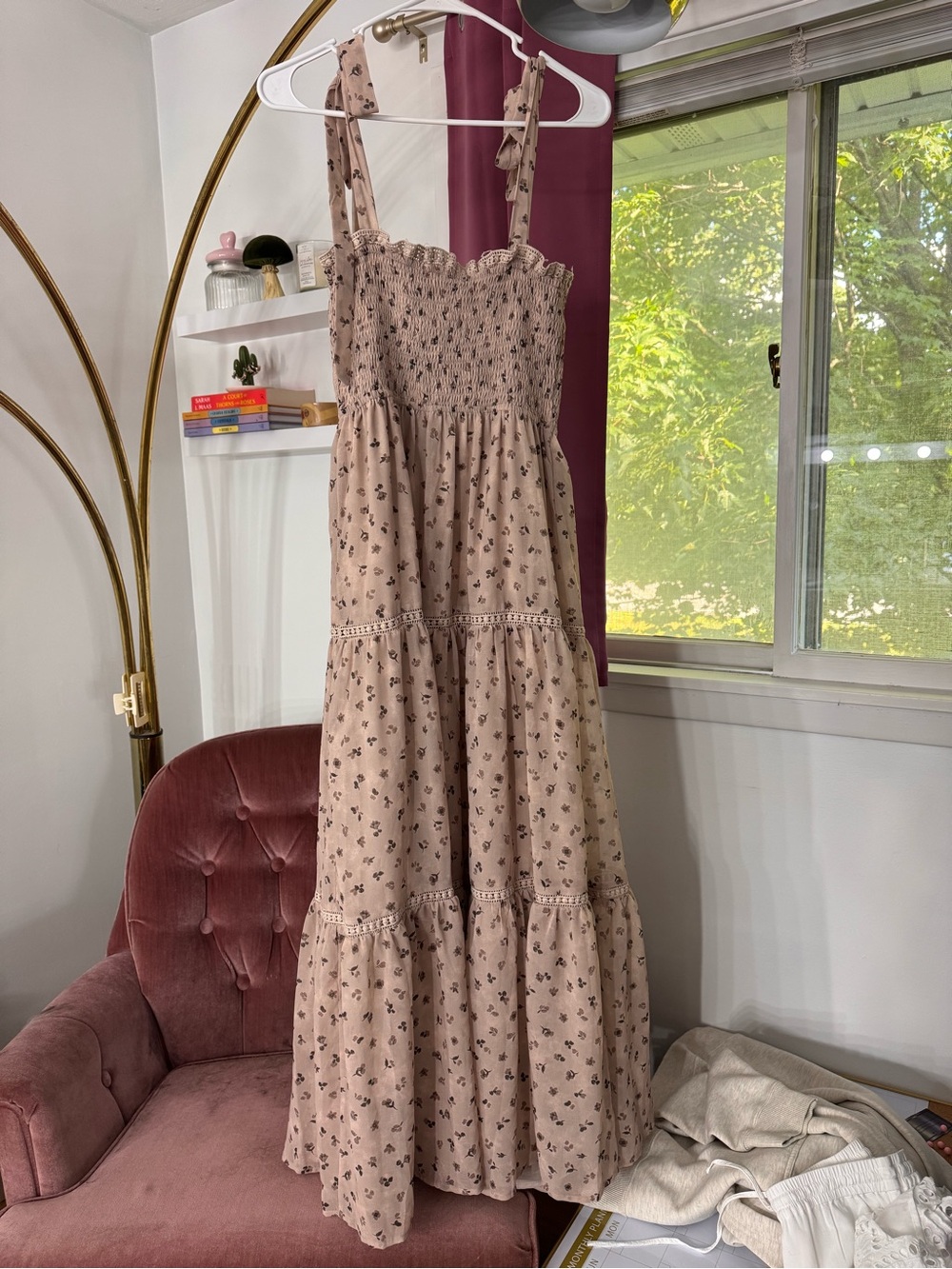 Lulus Blooming Perfection Taupe Floral Print Tie-Strap Smocked Dress - Picture 3 of 4